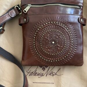 Patricia Nash Women Brown Leather Messenger Bag with Mandala Design